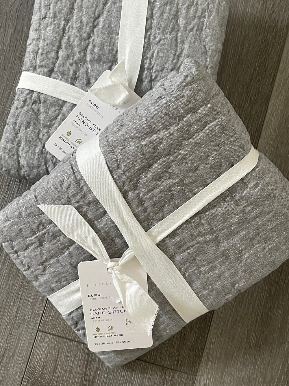 New Pottery Barn BELGIAN FLAX LINEN Hand Stitched Euro Shams Light Grey Set 2
